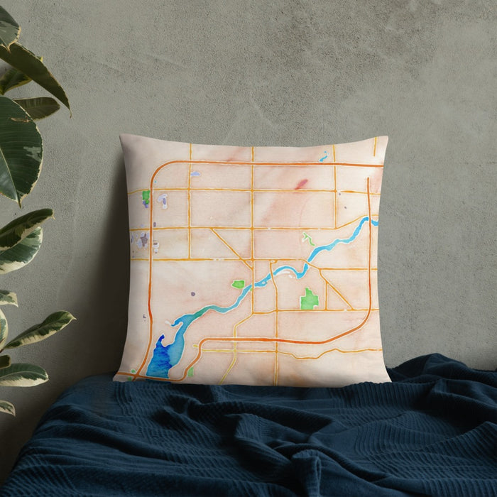 Custom Appleton Wisconsin Map Throw Pillow in Watercolor on Bedding Against Wall