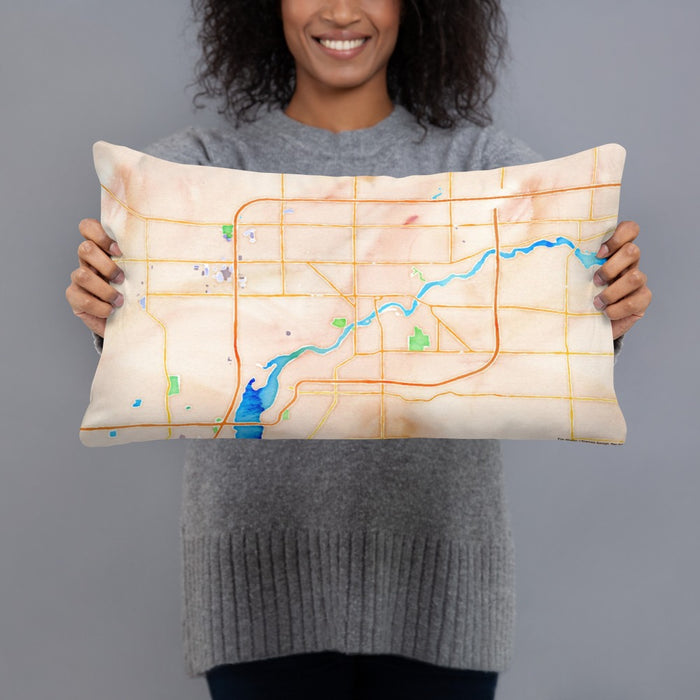 Person holding 20x12 Custom Appleton Wisconsin Map Throw Pillow in Watercolor