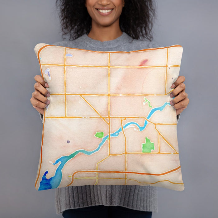 Person holding 18x18 Custom Appleton Wisconsin Map Throw Pillow in Watercolor