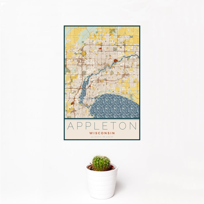 12x18 Appleton Wisconsin Map Print Portrait Orientation in Woodblock Style With Small Cactus Plant in White Planter