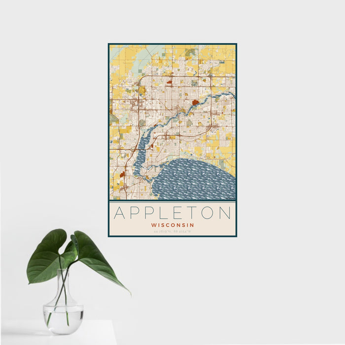 16x24 Appleton Wisconsin Map Print Portrait Orientation in Woodblock Style With Tropical Plant Leaves in Water