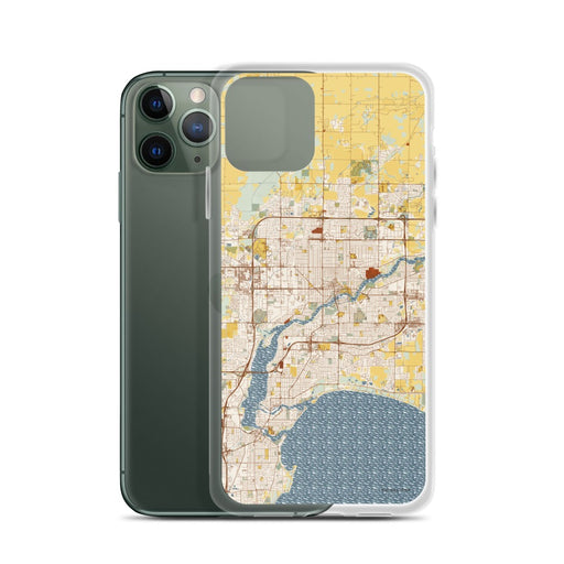 Custom Appleton Wisconsin Map Phone Case in Woodblock on Table with Laptop and Plant