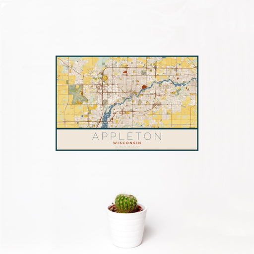 12x18 Appleton Wisconsin Map Print Landscape Orientation in Woodblock Style With Small Cactus Plant in White Planter