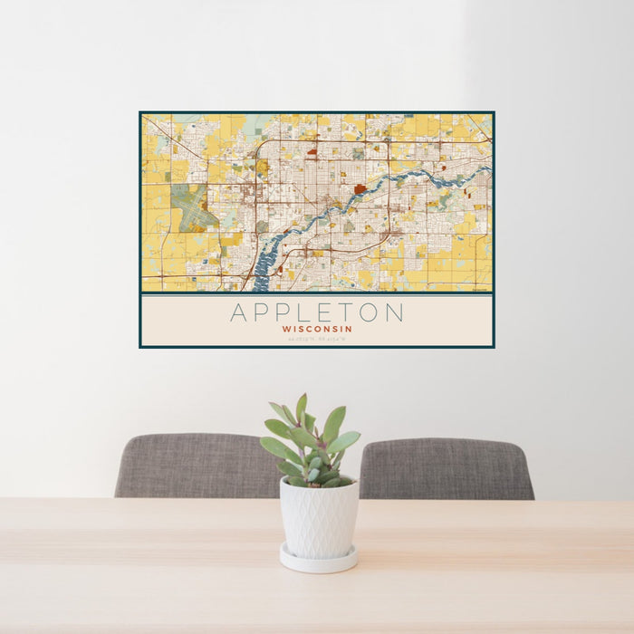 24x36 Appleton Wisconsin Map Print Landscape Orientation in Woodblock Style Behind 2 Chairs Table and Potted Plant