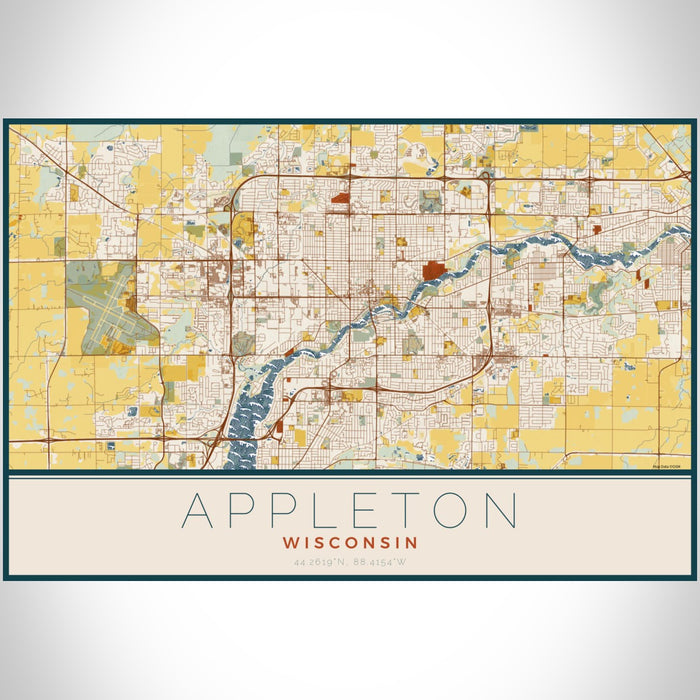 Appleton Wisconsin Map Print Landscape Orientation in Woodblock Style With Shaded Background