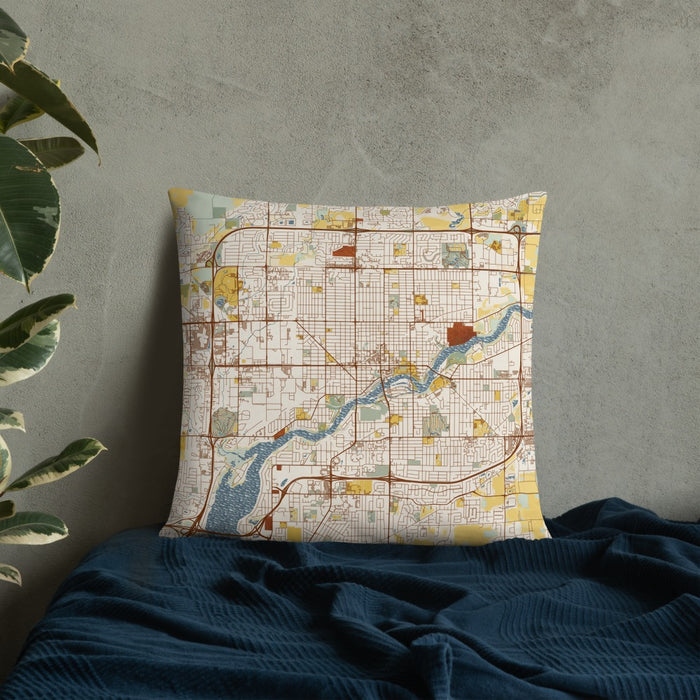 Custom Appleton Wisconsin Map Throw Pillow in Woodblock on Bedding Against Wall