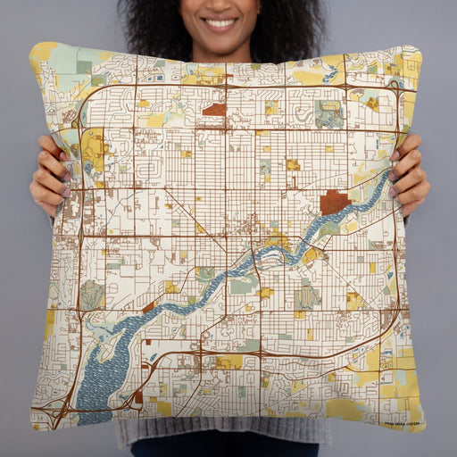 Person holding 22x22 Custom Appleton Wisconsin Map Throw Pillow in Woodblock