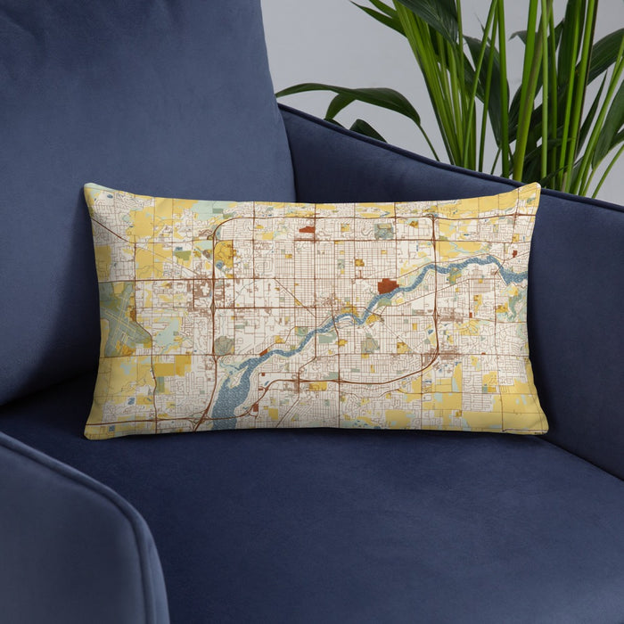 Custom Appleton Wisconsin Map Throw Pillow in Woodblock on Blue Colored Chair