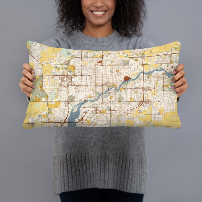Person holding 20x12 Custom Appleton Wisconsin Map Throw Pillow in Woodblock