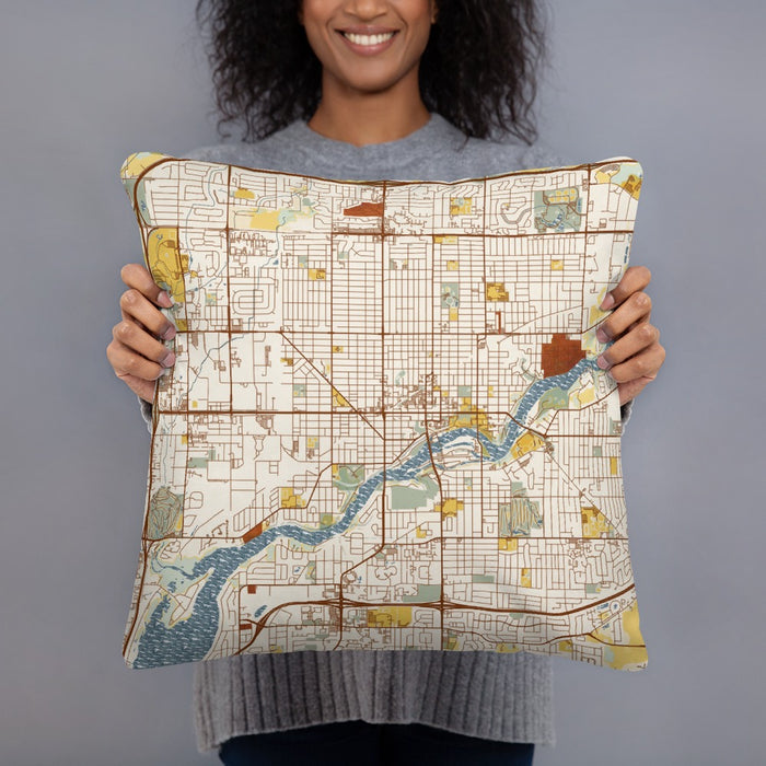 Person holding 18x18 Custom Appleton Wisconsin Map Throw Pillow in Woodblock