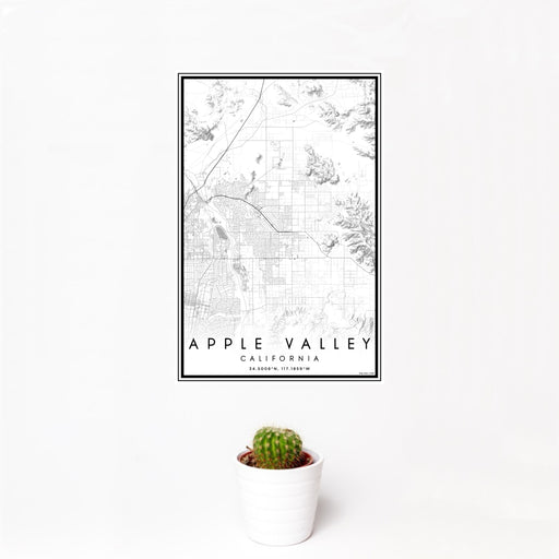 12x18 Apple Valley California Map Print Portrait Orientation in Classic Style With Small Cactus Plant in White Planter