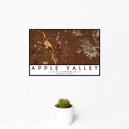 12x18 Apple Valley California Map Print Landscape Orientation in Ember Style With Small Cactus Plant in White Planter