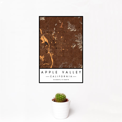 12x18 Apple Valley California Map Print Portrait Orientation in Ember Style With Small Cactus Plant in White Planter