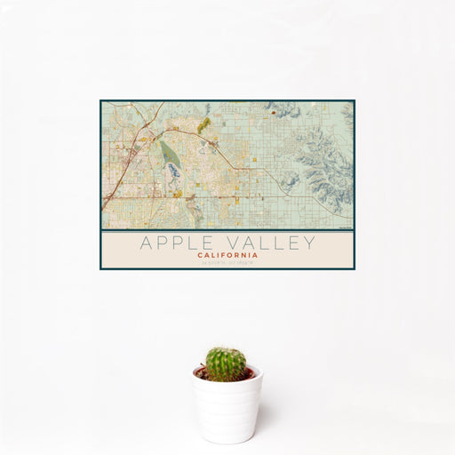 12x18 Apple Valley California Map Print Landscape Orientation in Woodblock Style With Small Cactus Plant in White Planter