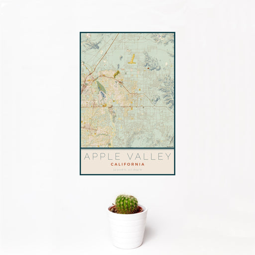 12x18 Apple Valley California Map Print Portrait Orientation in Woodblock Style With Small Cactus Plant in White Planter