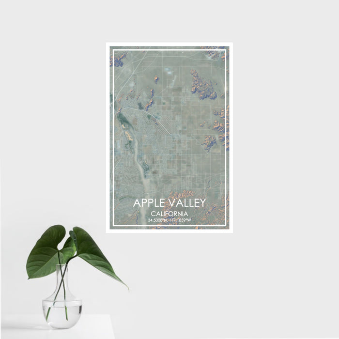 16x24 Apple Valley California Map Print Portrait Orientation in Afternoon Style With Tropical Plant Leaves in Water