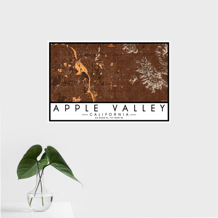 16x24 Apple Valley California Map Print Landscape Orientation in Ember Style With Tropical Plant Leaves in Water