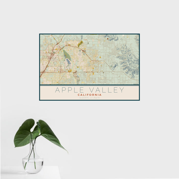 16x24 Apple Valley California Map Print Landscape Orientation in Woodblock Style With Tropical Plant Leaves in Water
