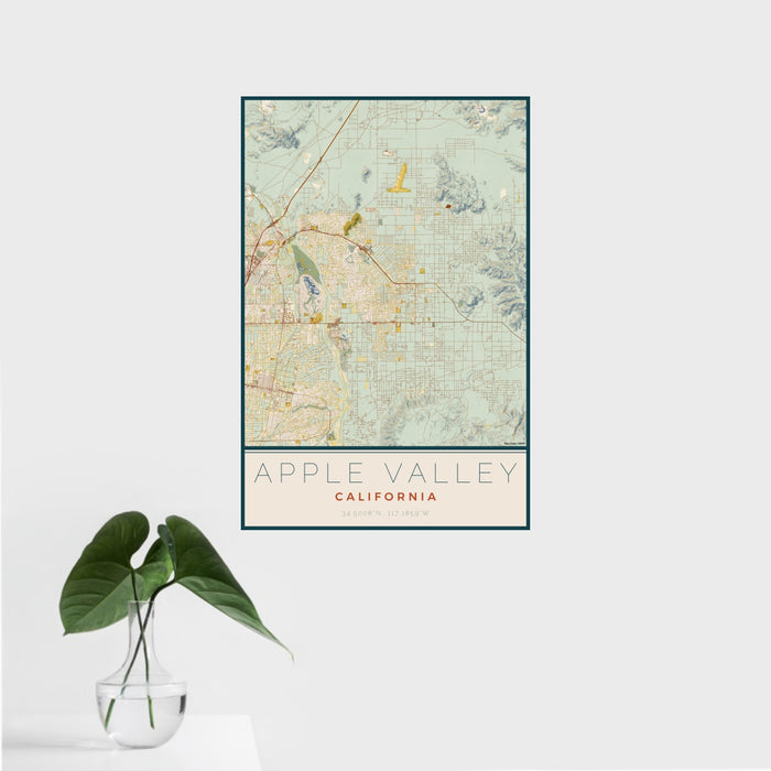 16x24 Apple Valley California Map Print Portrait Orientation in Woodblock Style With Tropical Plant Leaves in Water