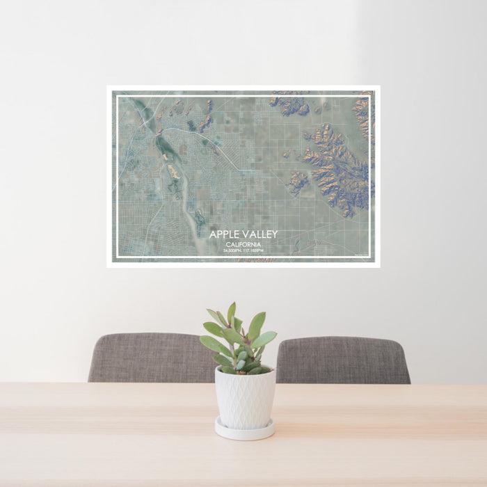 24x36 Apple Valley California Map Print Lanscape Orientation in Afternoon Style Behind 2 Chairs Table and Potted Plant