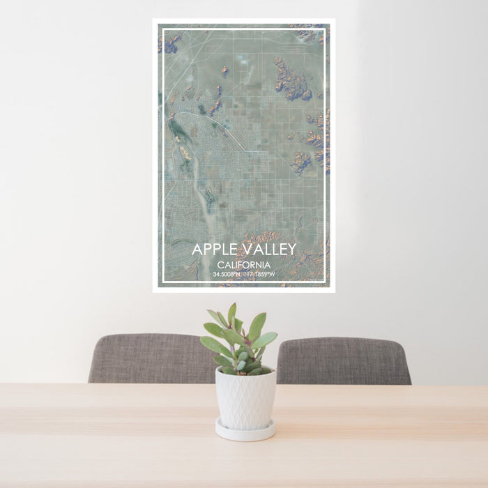 24x36 Apple Valley California Map Print Portrait Orientation in Afternoon Style Behind 2 Chairs Table and Potted Plant