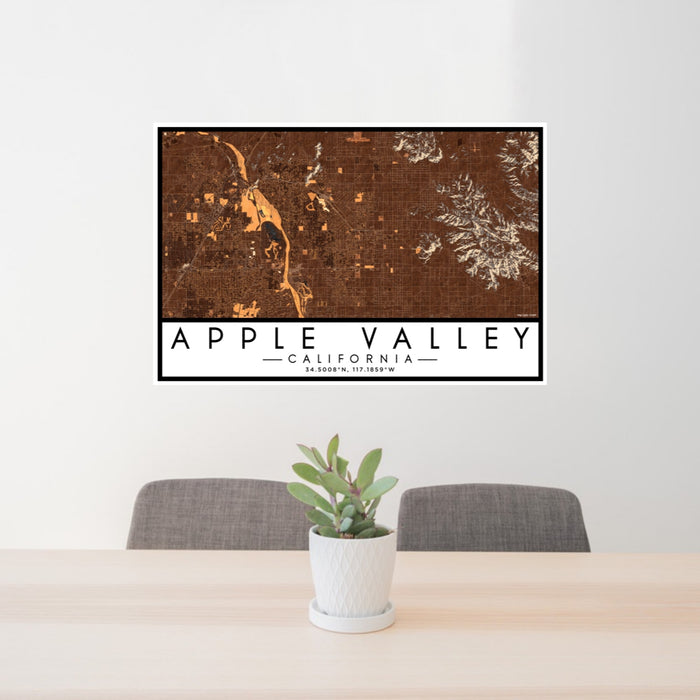 24x36 Apple Valley California Map Print Lanscape Orientation in Ember Style Behind 2 Chairs Table and Potted Plant