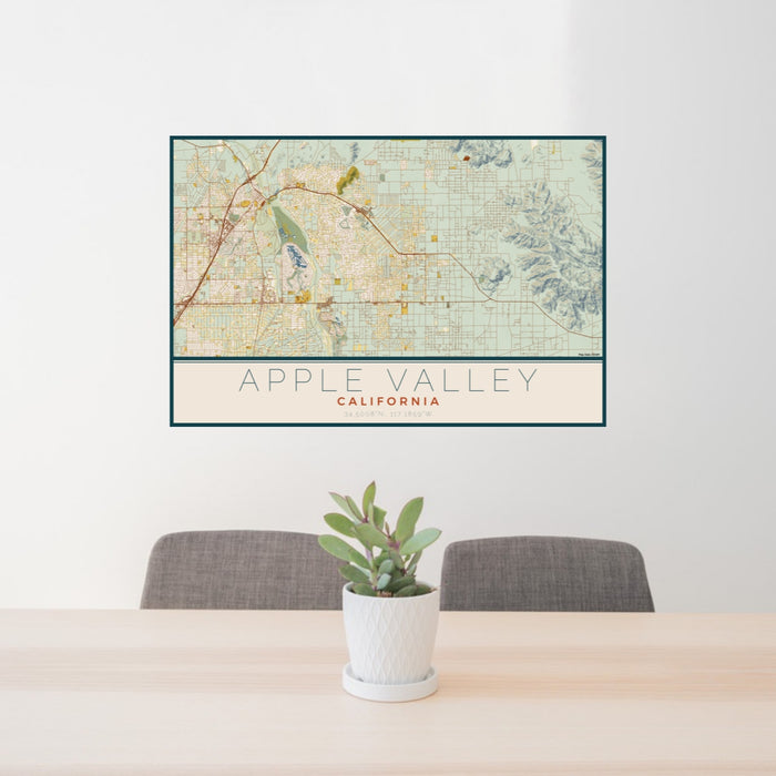 24x36 Apple Valley California Map Print Lanscape Orientation in Woodblock Style Behind 2 Chairs Table and Potted Plant