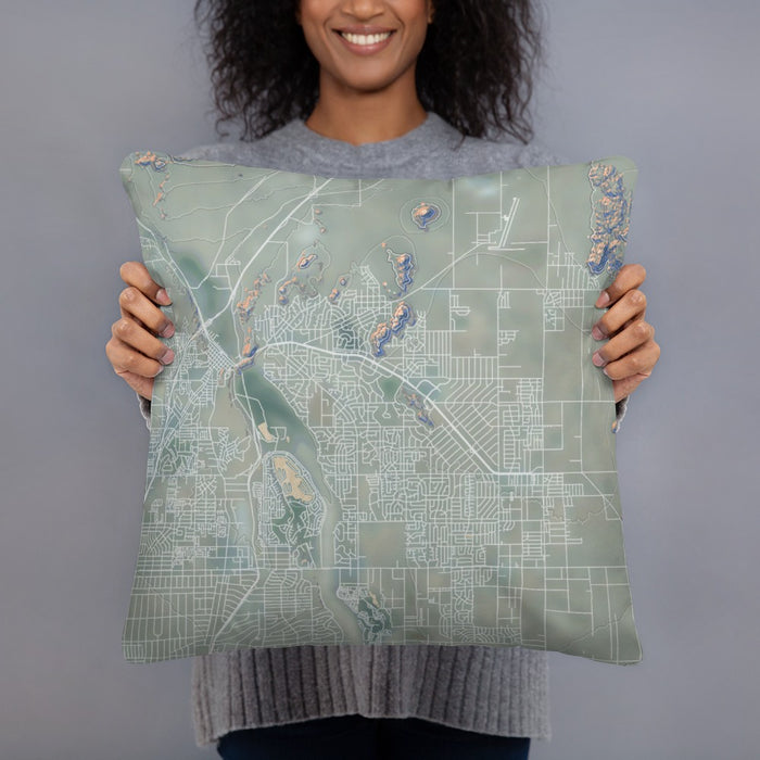 Person holding 18x18 Custom Apple Valley California Map Throw Pillow in Afternoon