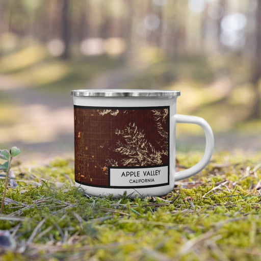 Right View Custom Apple Valley California Map Enamel Mug in Ember on Grass With Trees in Background
