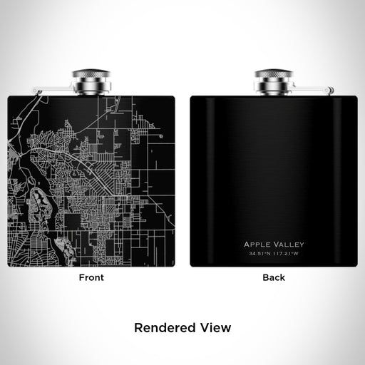 Rendered View of Apple Valley California Map Engraving on 6oz Stainless Steel Flask in Black