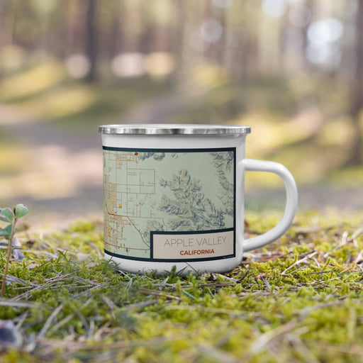 Right View Custom Apple Valley California Map Enamel Mug in Woodblock on Grass With Trees in Background