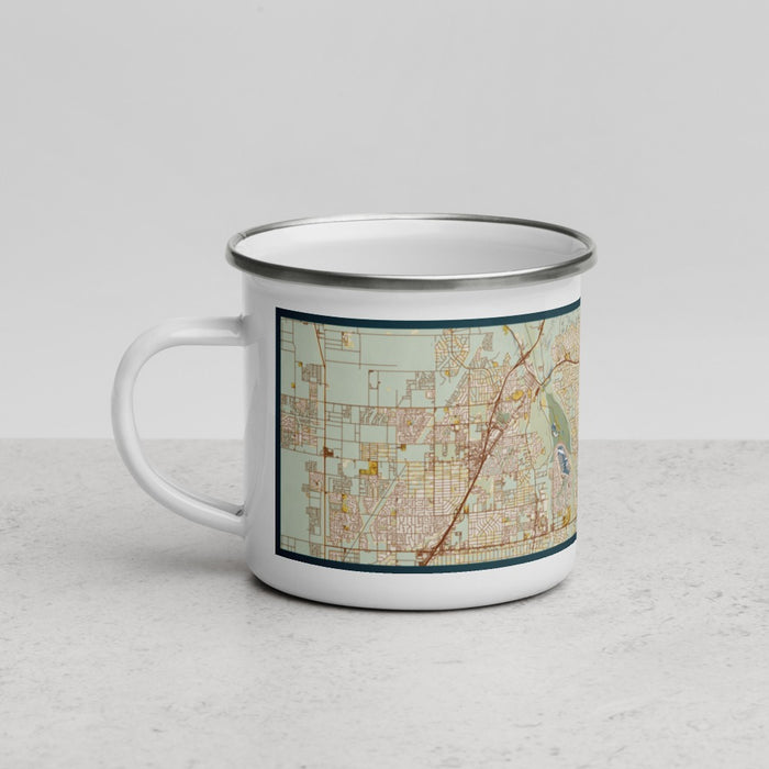 Left View Custom Apple Valley California Map Enamel Mug in Woodblock