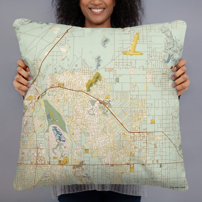 Person holding 22x22 Custom Apple Valley California Map Throw Pillow in Woodblock
