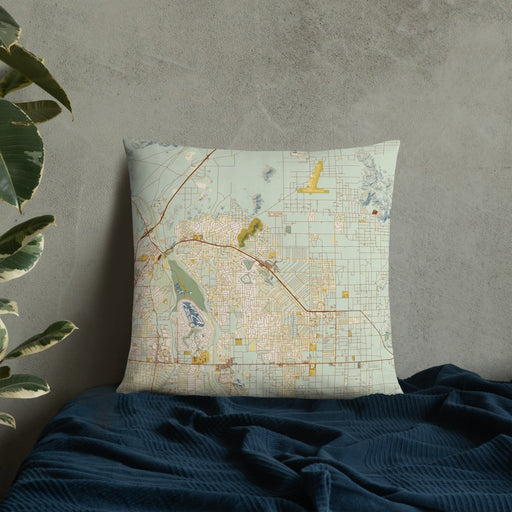 Custom Apple Valley California Map Throw Pillow in Woodblock on Bedding Against Wall
