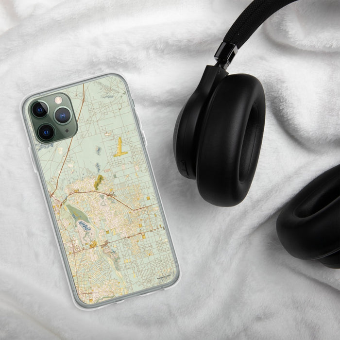 Custom Apple Valley California Map Phone Case in Woodblock on Table with Black Headphones