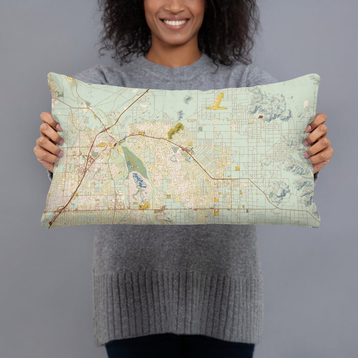 Person holding 20x12 Custom Apple Valley California Map Throw Pillow in Woodblock