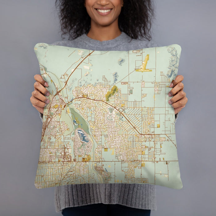 Person holding 18x18 Custom Apple Valley California Map Throw Pillow in Woodblock