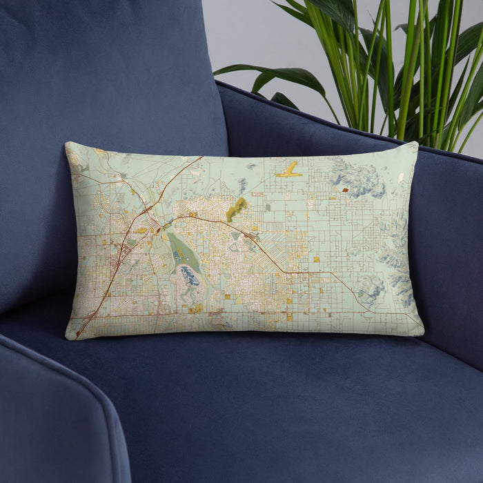 Custom Apple Valley California Map Throw Pillow in Woodblock on Blue Colored Chair