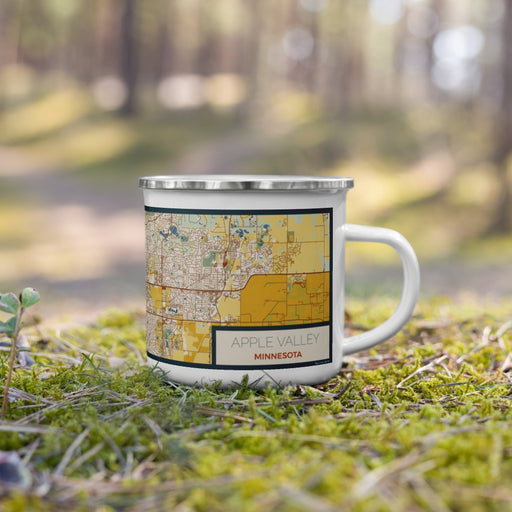 Right View Custom Apple Valley Minnesota Map Enamel Mug in Woodblock on Grass With Trees in Background