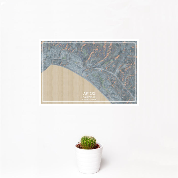 12x18 Aptos California Map Print Landscape Orientation in Afternoon Style With Small Cactus Plant in White Planter