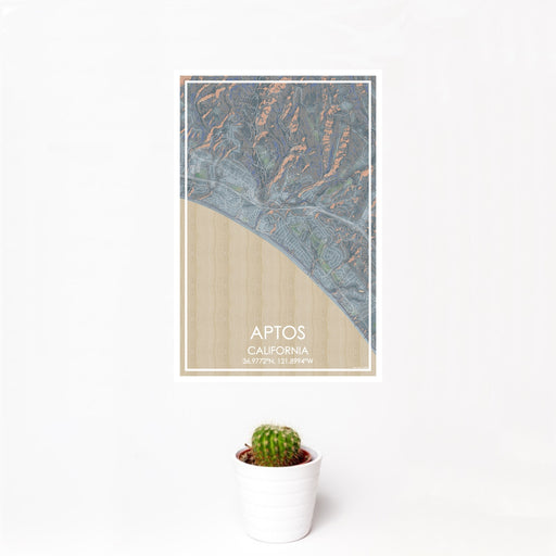 12x18 Aptos California Map Print Portrait Orientation in Afternoon Style With Small Cactus Plant in White Planter