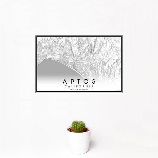 12x18 Aptos California Map Print Landscape Orientation in Classic Style With Small Cactus Plant in White Planter