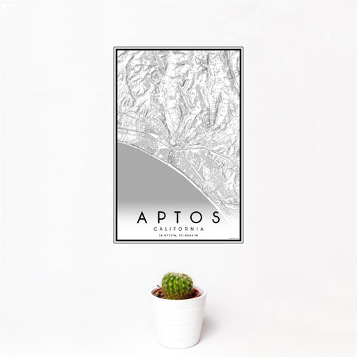 12x18 Aptos California Map Print Portrait Orientation in Classic Style With Small Cactus Plant in White Planter