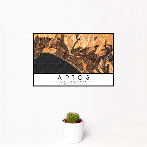 12x18 Aptos California Map Print Landscape Orientation in Ember Style With Small Cactus Plant in White Planter