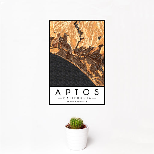 12x18 Aptos California Map Print Portrait Orientation in Ember Style With Small Cactus Plant in White Planter