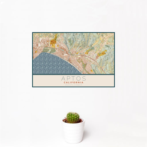 12x18 Aptos California Map Print Landscape Orientation in Woodblock Style With Small Cactus Plant in White Planter