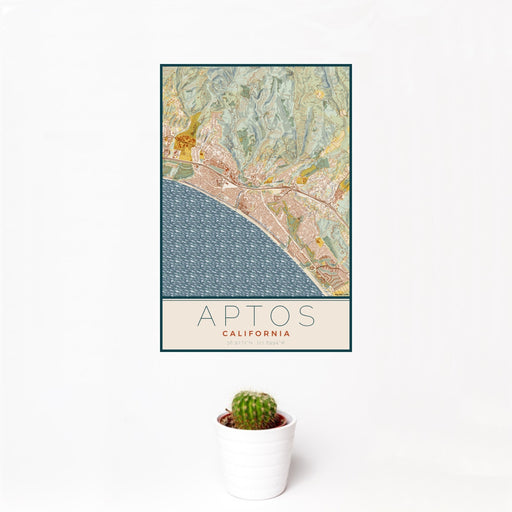 12x18 Aptos California Map Print Portrait Orientation in Woodblock Style With Small Cactus Plant in White Planter