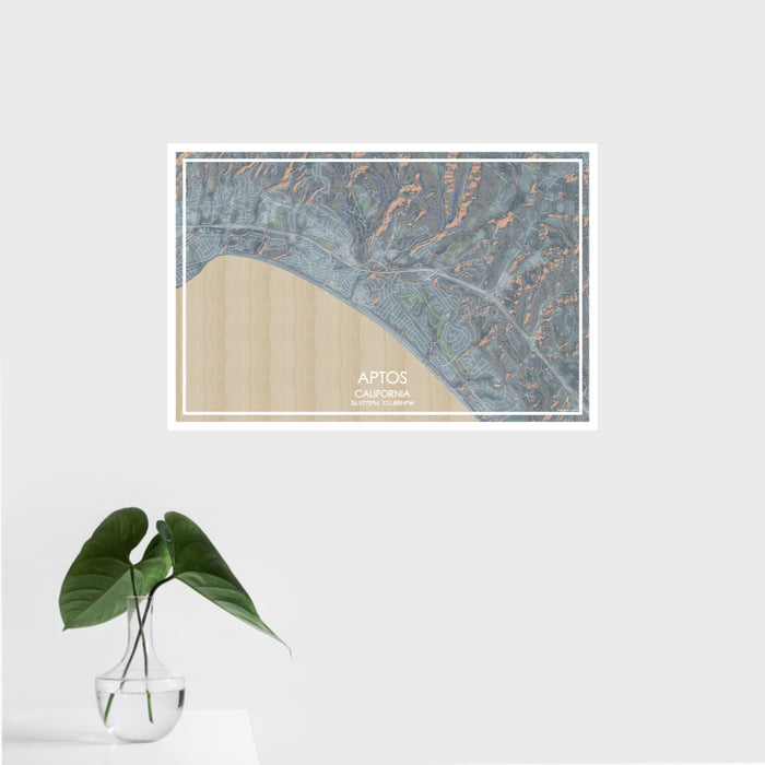 16x24 Aptos California Map Print Landscape Orientation in Afternoon Style With Tropical Plant Leaves in Water