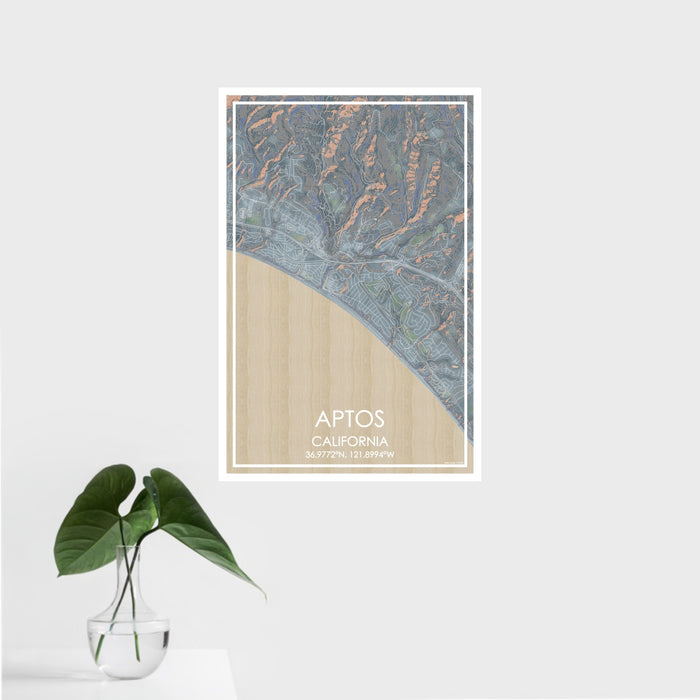16x24 Aptos California Map Print Portrait Orientation in Afternoon Style With Tropical Plant Leaves in Water