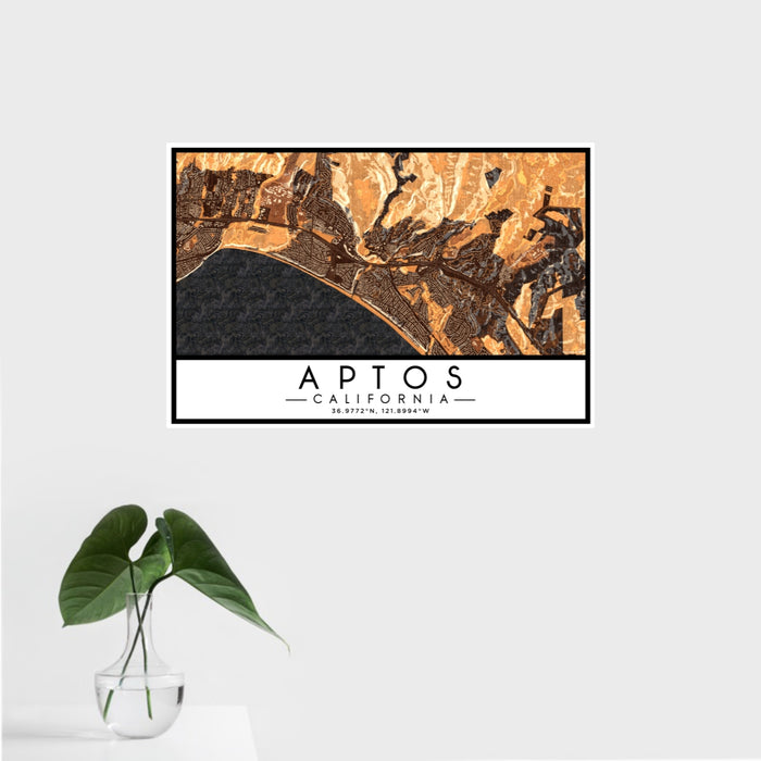 16x24 Aptos California Map Print Landscape Orientation in Ember Style With Tropical Plant Leaves in Water